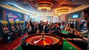 Exciting casino scene showing KJC AC 2 with players cheering at roulette, slot machines, and poker tables.
