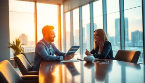 Engaging real estate agent assisting clients in a modern office setting