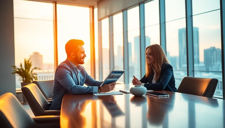 Engaging real estate agent assisting clients in a modern office setting