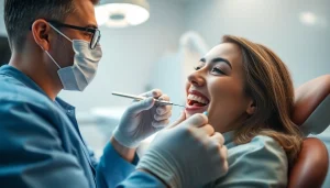 Dentist providing a thorough check-up to a patient in a welcoming clinic environment.