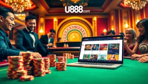 Exciting poker table scene at u888.com featuring vibrant players, chips, and cards.