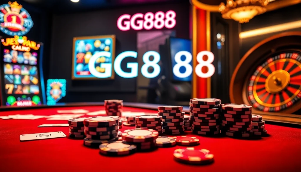 Experience the thrill of winning at GG888's luxurious poker table with vibrant casino elements.