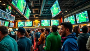 Engaging scene of online sportsbooks Oklahoma with excited bettors surrounded by live sports events.
