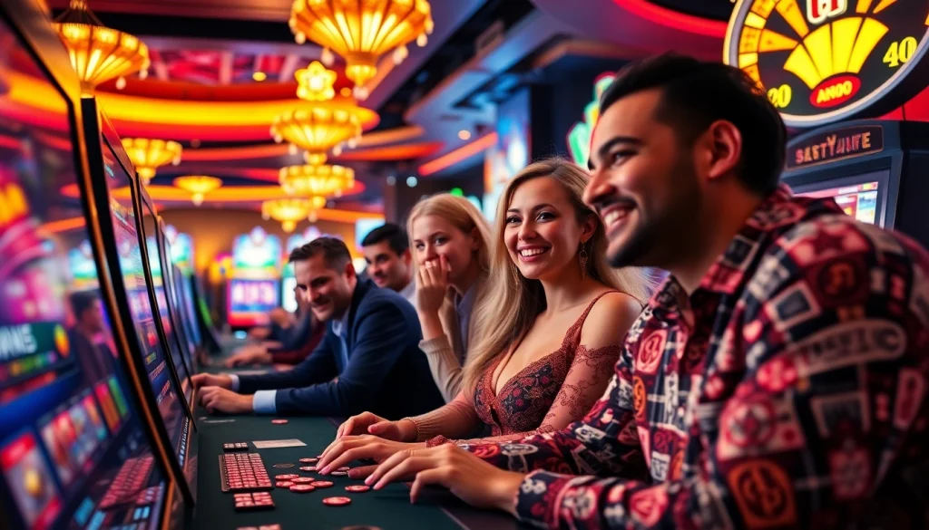 Exciting GG888 online casino scene with players enjoying poker and vibrant slot machines.