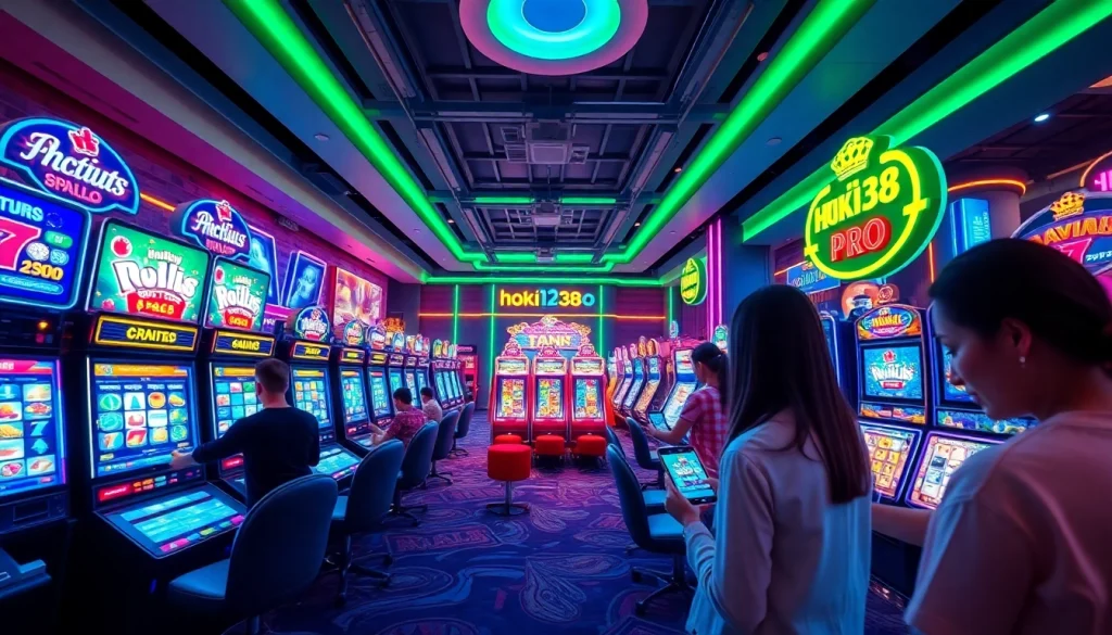 Engaging scene of hoki138 pro gaming environment featuring vibrant slots and players interacting.