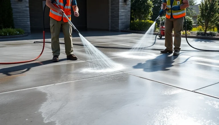 Concrete cleaning in progress, showcasing a professional crew transforming a dirty driveway with high-pressure washing.