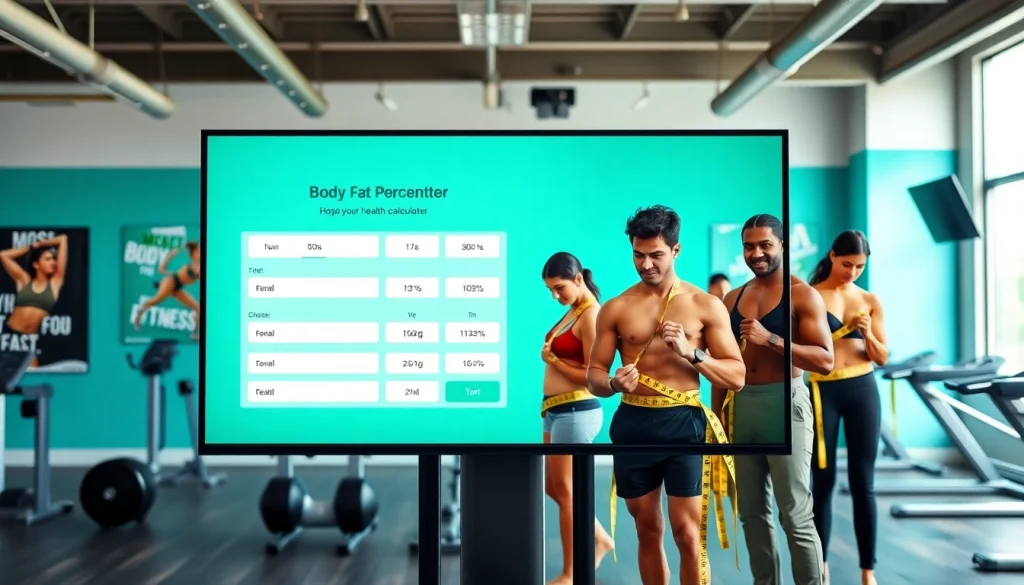 Engage with the body fat percentage calculator amidst a vibrant fitness environment.