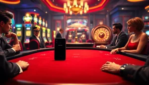 Players enjoying a thrilling game of poker at a luxurious casino with the S8 smartphone visible.