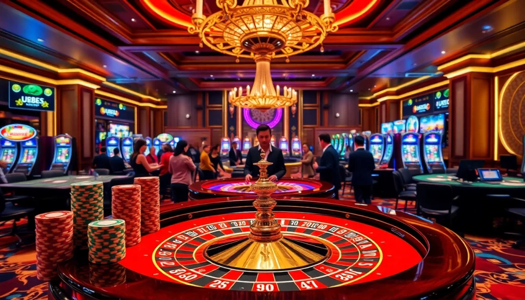 Experience the electrifying atmosphere of u888.com with a roulette table and casino excitement.