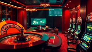 Engage in thrilling gameplay with 7m cn amidst a luxurious casino atmosphere featuring poker tables and roulette wheels.