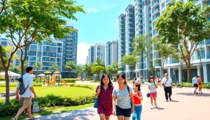 Highlighting vibrant community life around Tampines EC with modern condominiums and family interactions.