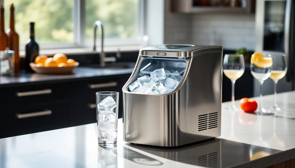 Showcasing an efficient ice maker creating fresh ice cubes in a stylish kitchen.