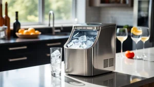 Showcasing an efficient ice maker creating fresh ice cubes in a stylish kitchen.