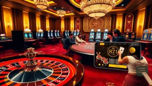 Experience the excitement of gambling at https://xn8844.com/ with a vibrant casino scene featuring roulette and poker.