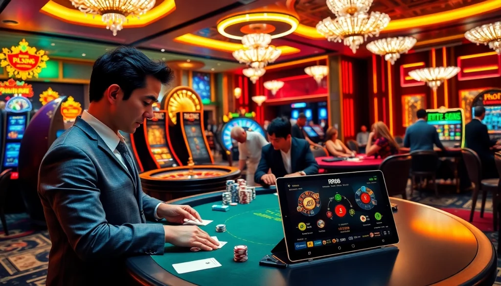 Players enjoying a thrilling gambling experience at Nhà Cái RR88, featuring poker chips and a roulette wheel.