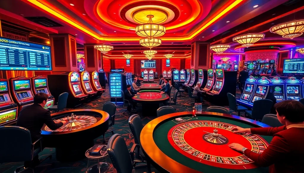 Players engaging in thrilling games at nhà cái vuabai9 casino, surrounded by vibrant slot machines.