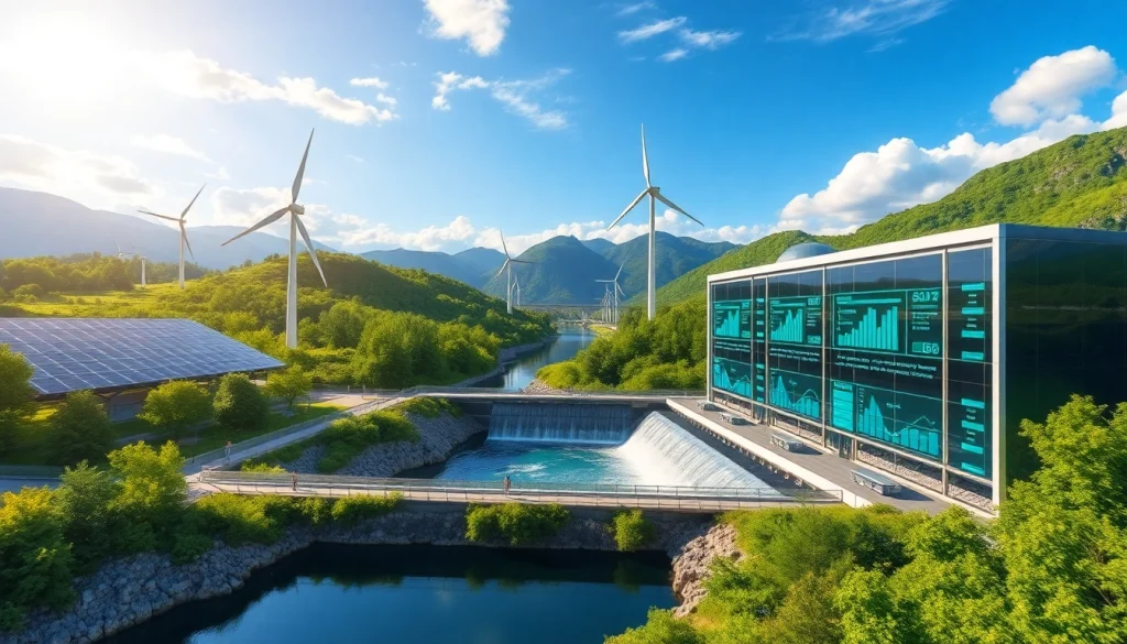 The best cloud mining facility showcasing renewable energy sources like solar panels and wind turbines.