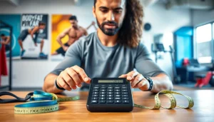 Using a body fat percentage calculator to assess fitness levels with supporting tools in focus.