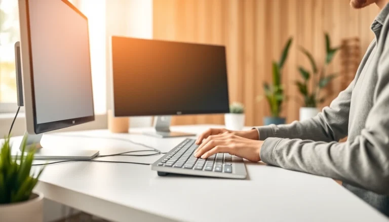 Enhance skills at a bustling typing center, featuring a professional workspace and engaged typist.