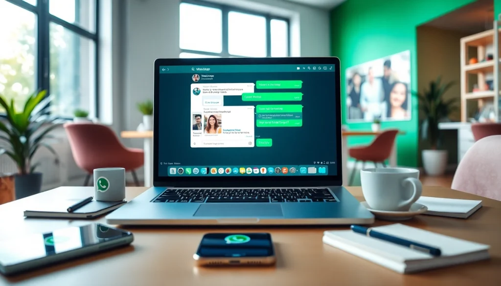 现代工作区的笔记本电脑上显示的 WhatsApp网页版界面。