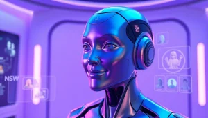 The NSFW AI character interacts in a futuristic virtual environment with engaging holographic displays, showcasing innovative digital companionship.