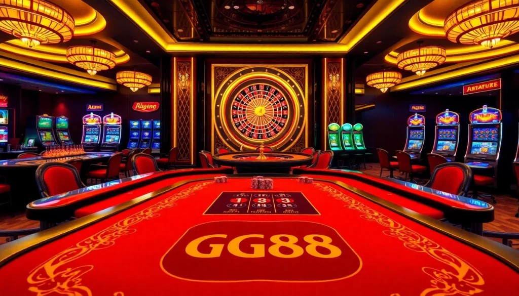 Experience high-stakes gaming at GG88's luxurious casino table setting with a vibrant atmosphere.