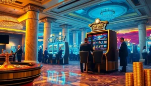 Para pemain memenangkan mesin slot Olympus di tengah lingkungan kasino mewah.