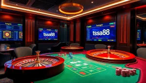 Engage with the vibrant world of online gambling at trang chủ sa88 with colorful casino tables and poker chips.