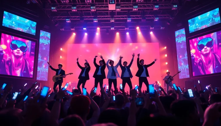 BTS news highlights members performing energetically on stage with enthusiastic fans.