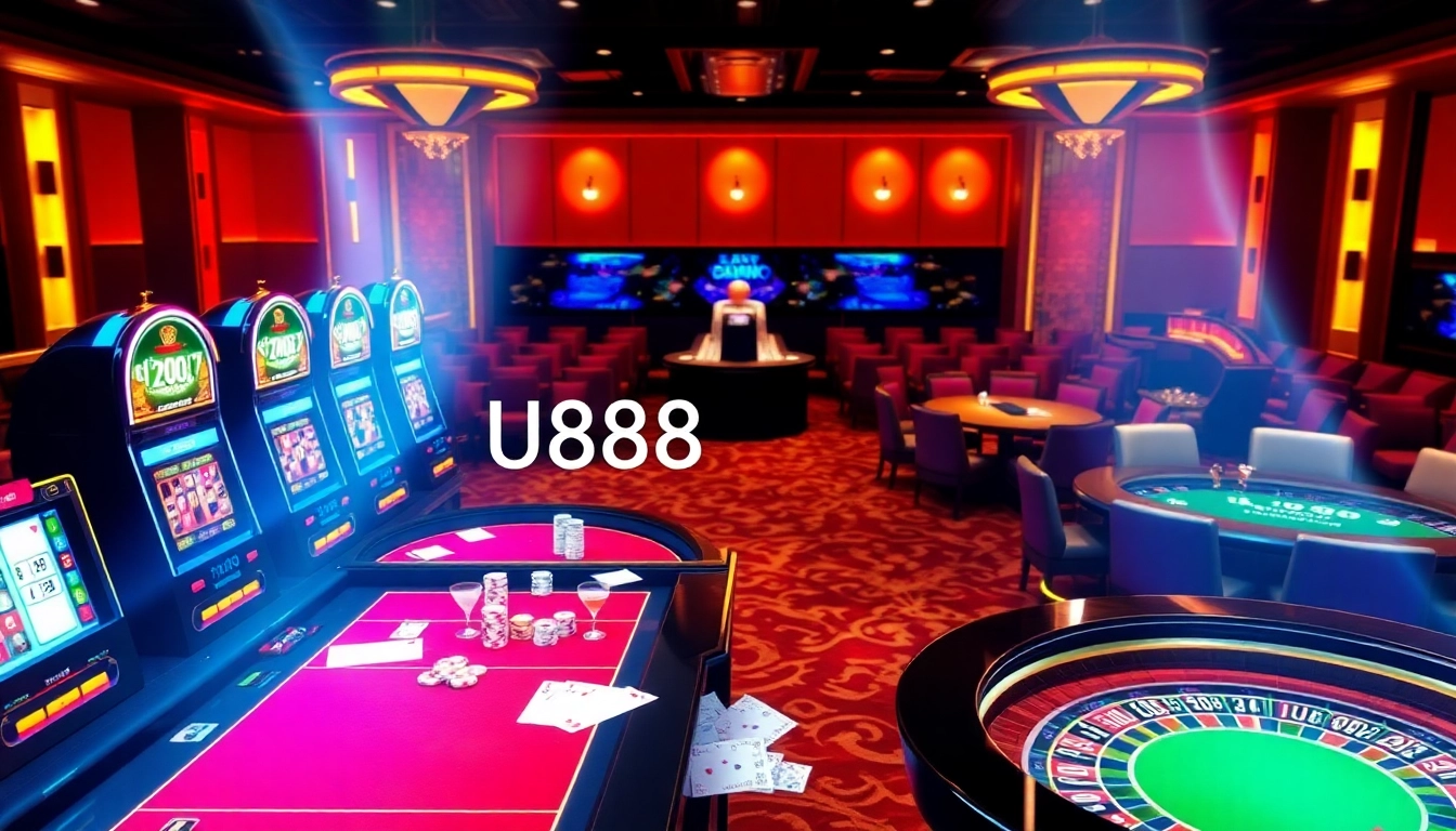 Experience thrilling online gambling at U888u88.com with a vibrant casino scene featuring tables and machines.