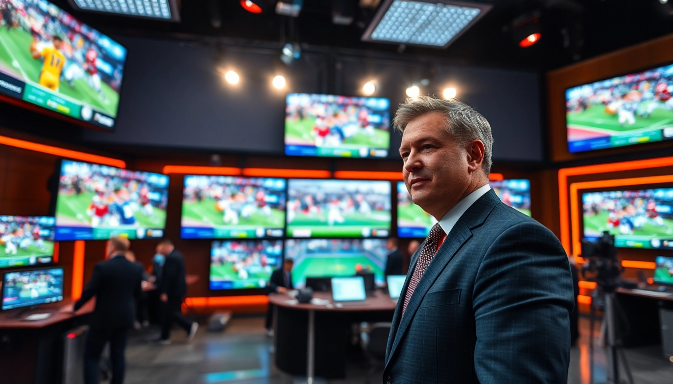 Capture a lively moment in sports broadcasting showcasing a host and vibrant screen displays.