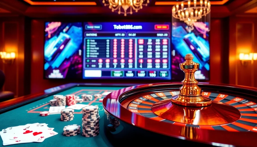 Experience the thrill of gaming at https://tobet88bet.com/ with poker chips and a roulette wheel.