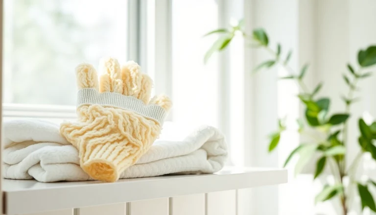 Hand loofah glove resting on a towel, showcasing its texture and design.