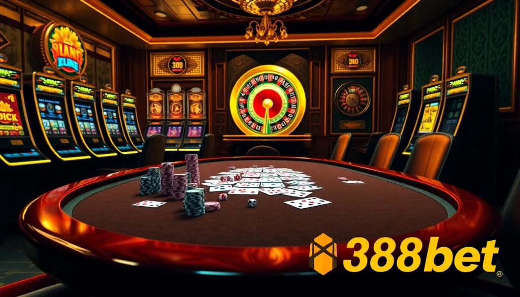 Experience the excitement of 388bet at a luxurious online casino, featuring poker tables and slot machines.