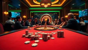 Engage in thrilling gameplay at https://ok88.tech/ with vibrant casino elements like poker chips and roulette wheels.