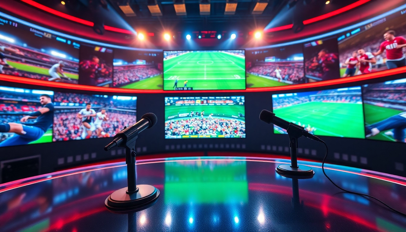 Sports Broadcasting studio featuring vibrant graphics and live sports action.