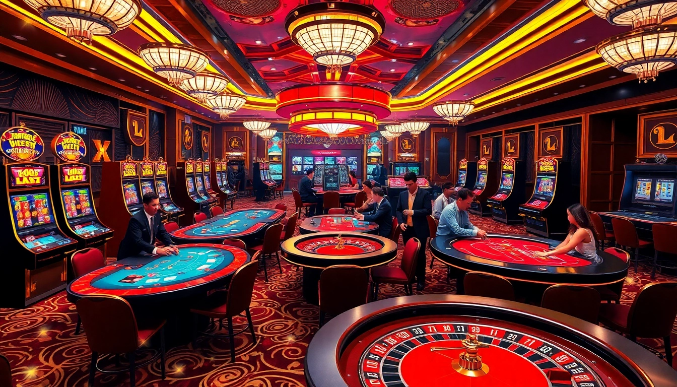 Exciting scene of gamblers at tables and slots representing nhà cái XX88 online gaming experience.