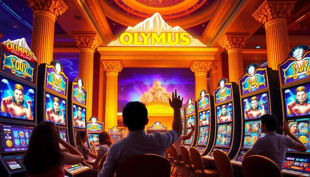 Players enjoying the Olympus slot game in a vibrant casino atmosphere.