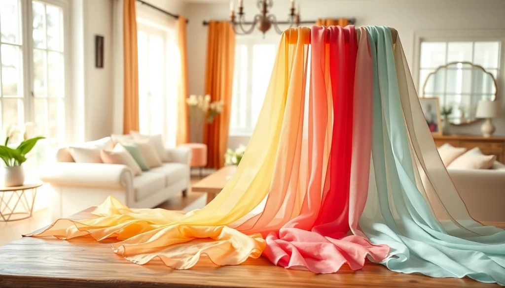 Stilistische presentatie van voile stoffen met verschillende kleuren in een lichte kamer.