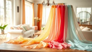 Stilistische presentatie van voile stoffen met verschillende kleuren in een lichte kamer.