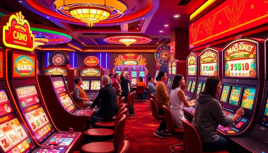 Adegan menarik para pemain yang menikmati demo Mahjong Slot di kasino kelas atas, menampilkan semangat dan strategi.