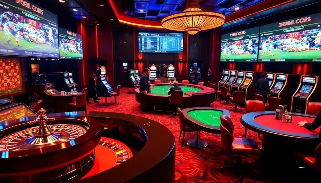 Real-time sports betting scores come alive in a vibrant, luxurious casino atmosphere with dazzling visuals.