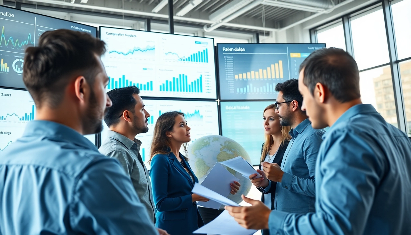 Team analyzing competitive intelligence for sales data in a bright, modern office.