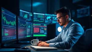 Cybersecurity AI professional analyzing data in a modern office setting.