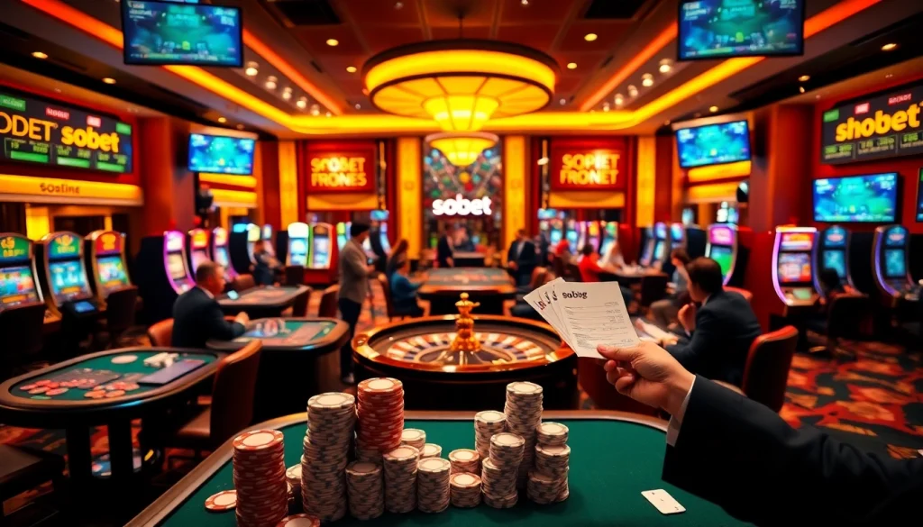 Experience sbobet online betting in a lively casino scene with vibrant tables and players engaged in high-stakes action.