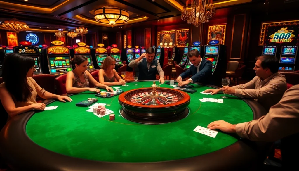Engaged players at a poker table in a luxurious casino scene featuring depo 5k betting.