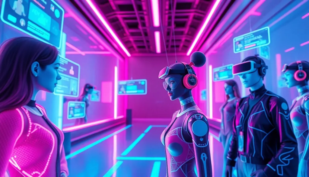 NSFW AI interaction in a futuristic digital landscape with immersive avatars.