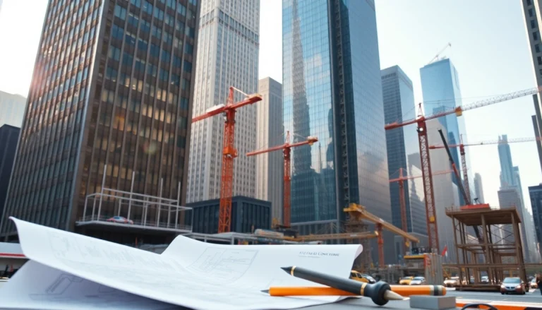 New York Commercial General Contractor supervising a bustling construction site.