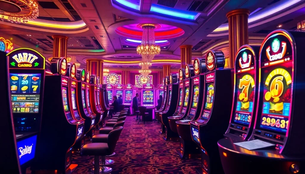 Players enjoying vibrant slot depo 1k machines in an upscale casino atmosphere filled with excitement.