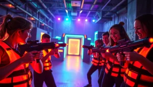 Engaging laser tag scene with players in vibrant gear during a competitive match